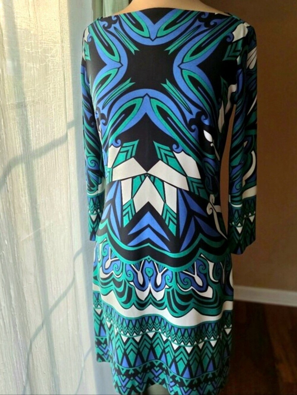 Ali Ro Geometric Print 3/4 Sleeve Midi Dress Blue Green Abstract Mod Size 6